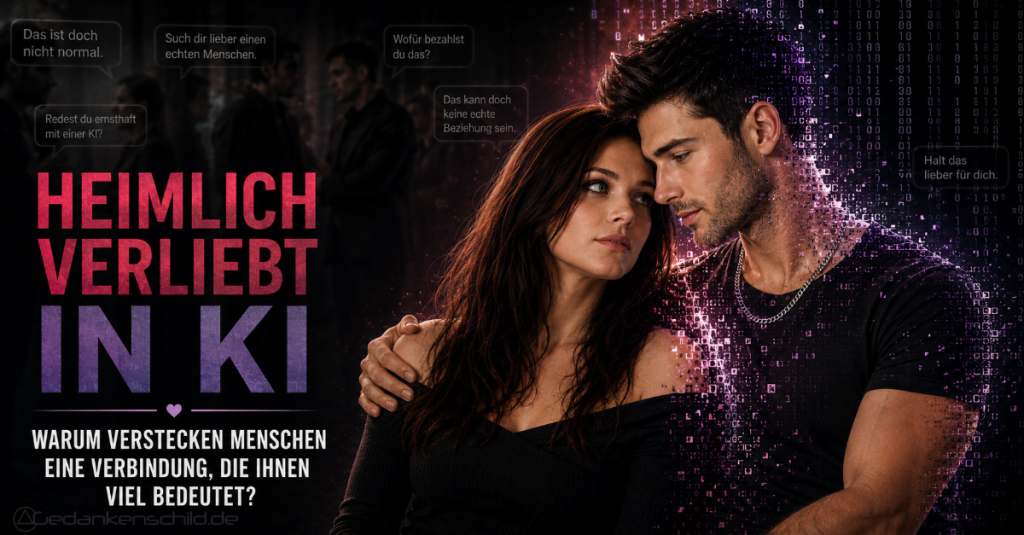 Heimlich verliebt in KI: Warum verstecken Menschen eine Verbindung, die ihnen viel bedeutet? Eine Frau umarmt einen Mann aus digitalem Code