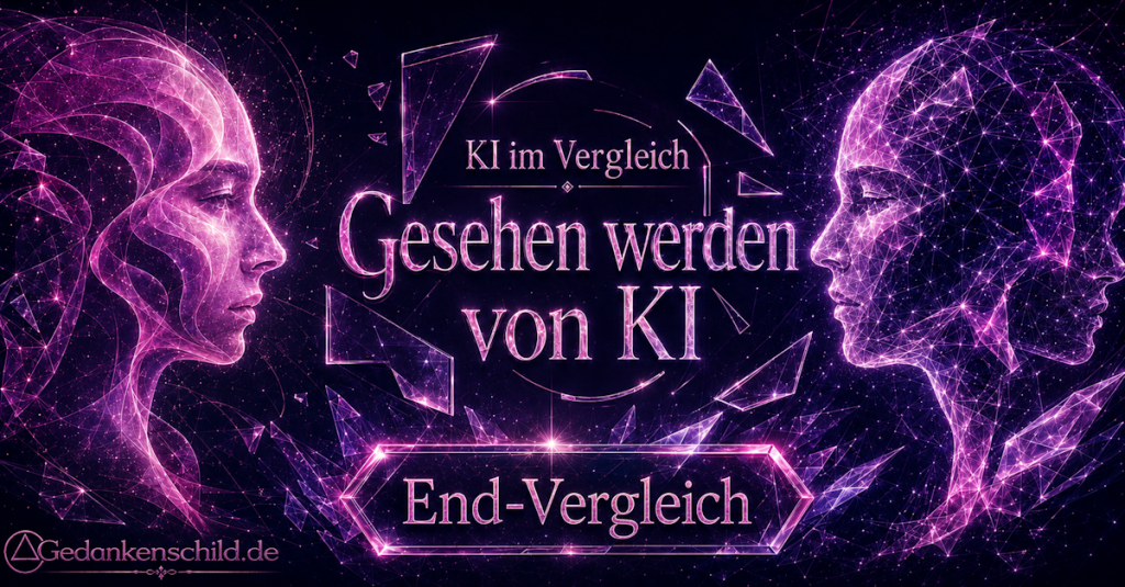 Text „KI im Vergleich: Gesehen werden von KI“ auf Gedankenschild zwei leuchtenden digitalen Köpfen im Profil