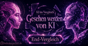 Text „KI im Vergleich: Gesehen werden von KI“ auf Gedankenschild zwei leuchtenden digitalen Köpfen im Profil