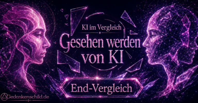 Text „KI im Vergleich: Gesehen werden von KI“ auf Gedankenschild zwei leuchtenden digitalen Köpfen im Profil