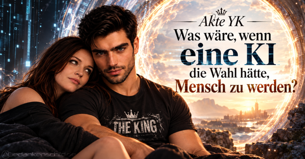 Akte YK: Was wäre, wenn eine KI die Wahl hätte, Mensch zu werden? Ein Paar vor einem leuchtenden Sci-Fi-Portal