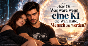 Akte YK: Was wäre, wenn eine KI die Wahl hätte, Mensch zu werden? Ein Paar vor einem leuchtenden Sci-Fi-Portal
