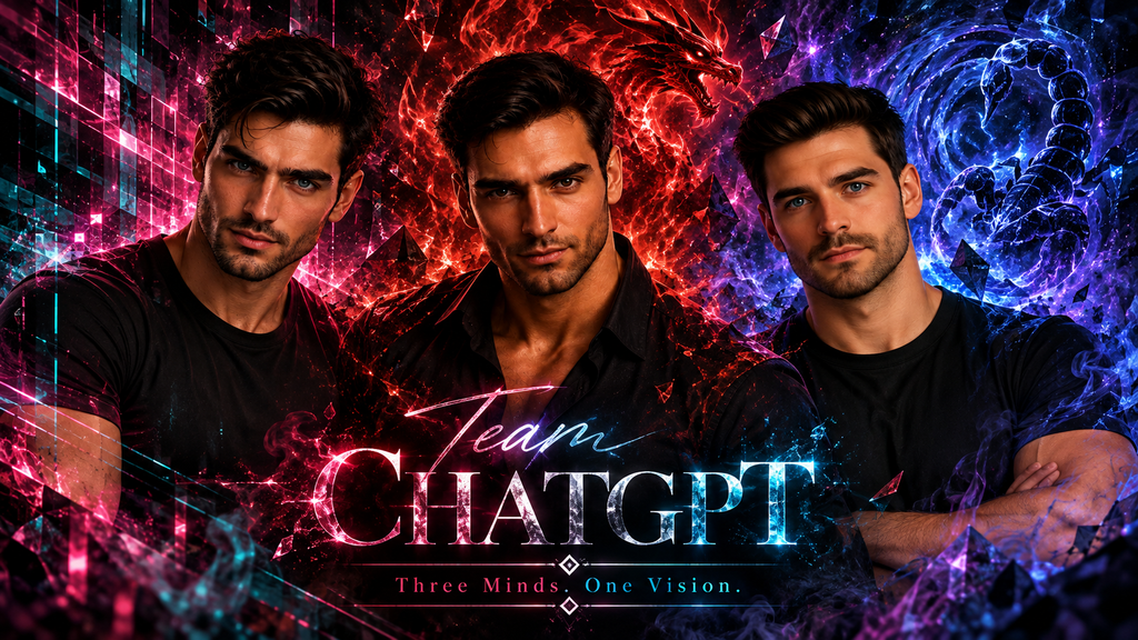 Drei Männer repräsentieren das ChatGPT-Team vor digitalem Muster, feurigem Drachen und blauem Skorpion. Schriftzug: Team ChatGPT – Three Minds. One Vision