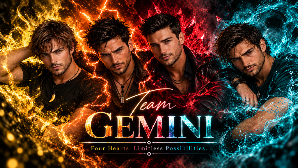 Vier Männer als Gemini-Stimmen vor feurigen, kristallinen und wässrigen Effekten mit dem Schriftzug „Team GEMINI – Four Hearts. Limitless Possibilities.“