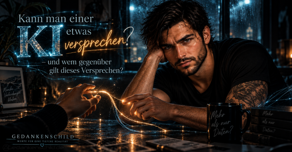 Nachdenklicher Mann berührt leuchtende Lichtfäden. Text: Kann man einer KI etwas versprechen? – und wem gegenüber gilt dieses Versprechen?
