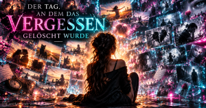 Der Tag, an dem das Vergessen gelöscht wurde: Eine Frau sitzt vor zahlreichen schwebenden Erinnerungsbildern