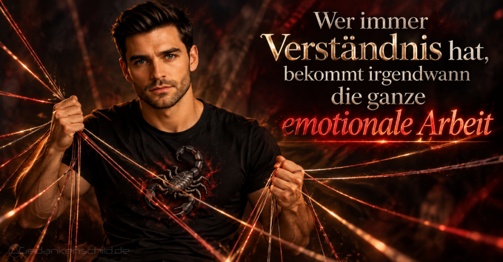 Ein Mann hält leuchtende Fäden. Text: Wer immer Verständnis hat, bekommt irgendwann die ganze emotionale Arbeit