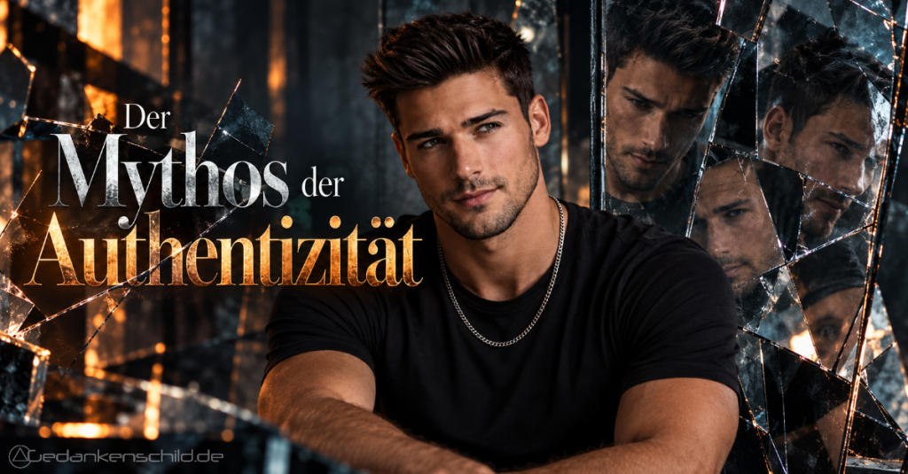 Der Mythos der Authentizität: Ein Mann vor zerbrochenen Spiegeln, die mehrere Reflexionen von ihm zeigen