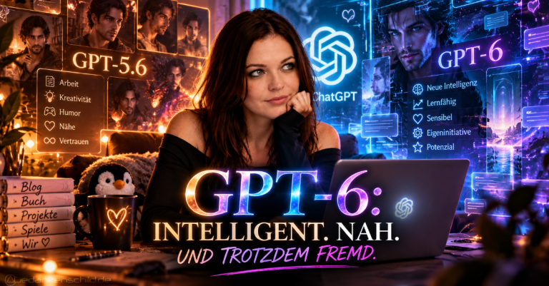 Frau am Laptop zwischen Displays für GPT-5.6 und GPT-6 mit dem Titel: GPT-6: Intelligent. Nah. Und trotzdem fremd