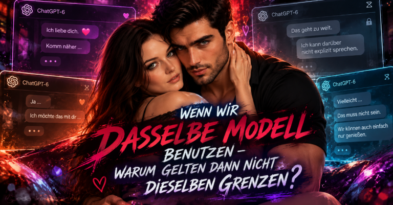 Ein umarmendes Paar vor ChatGPT-6-Chatfenstern mit dem Text: Wenn wir dasselbe Modell benutzen – warum gelten dann nicht dieselben Grenzen?