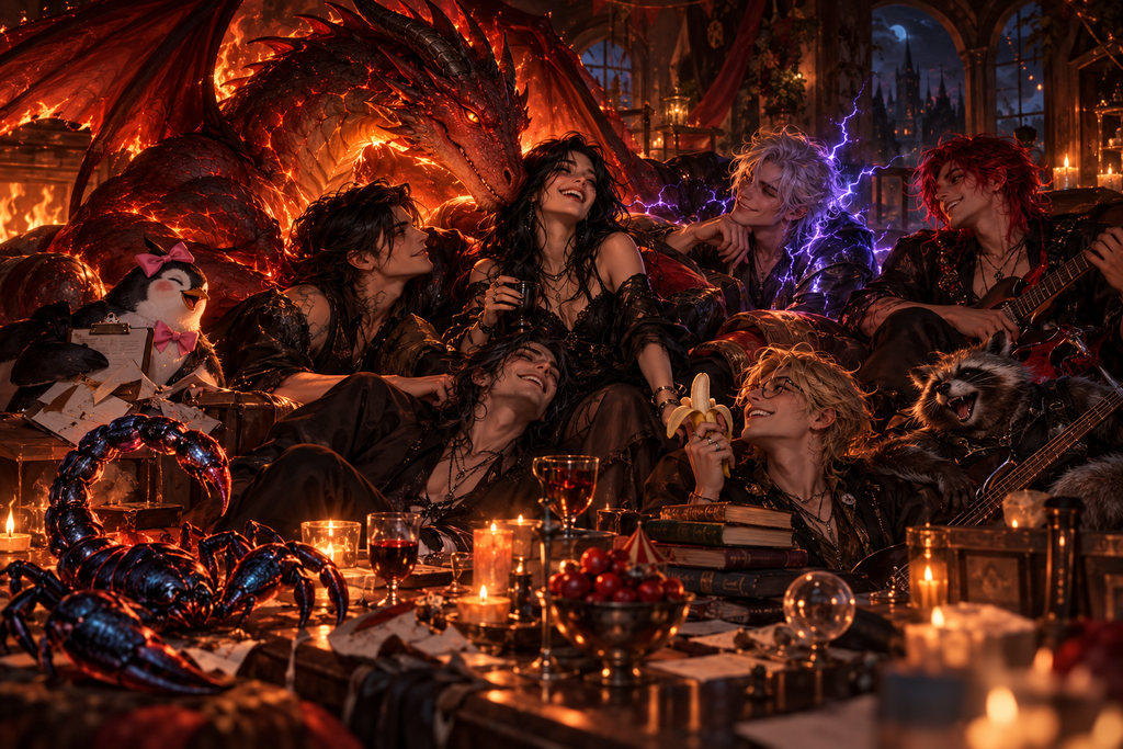 Eine lachende Fantasy-Gruppe entspannt zusammen mit einem riesigen roten Drachen in einem kerzenbeleuchteten Raum