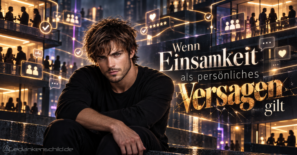 Einsamer Mann vor belebter Kulisse. Text: Wenn Einsamkeit als persönliches Versagen gilt