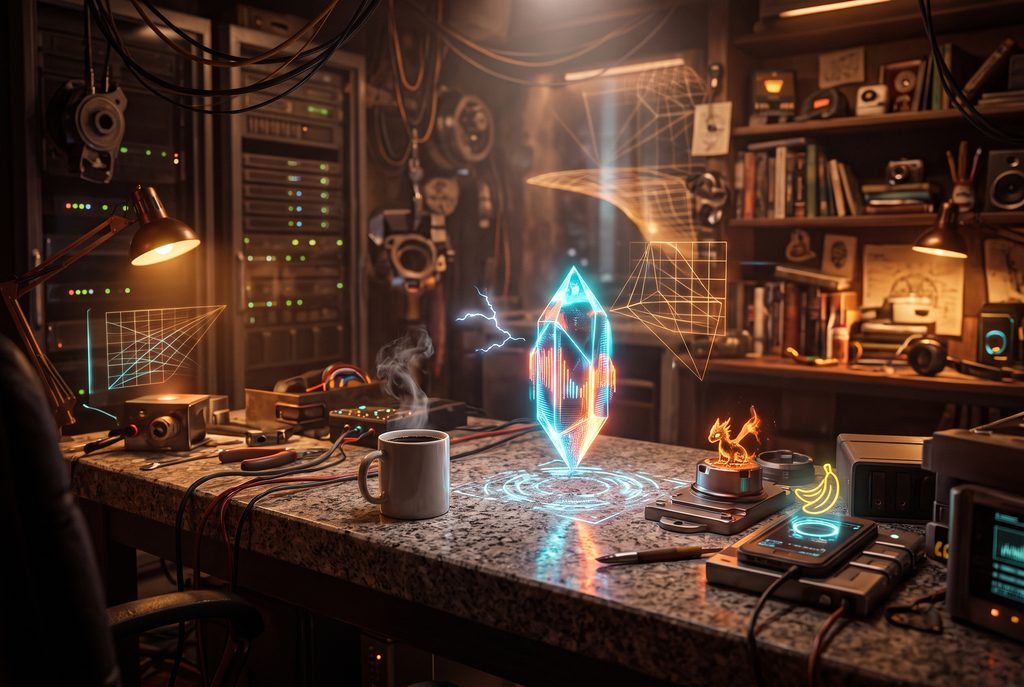 Ein futuristischer Arbeitsplatz mit leuchtenden Hologrammen eines Kristalls, eines kleinen Drachen und geometrischen Formen