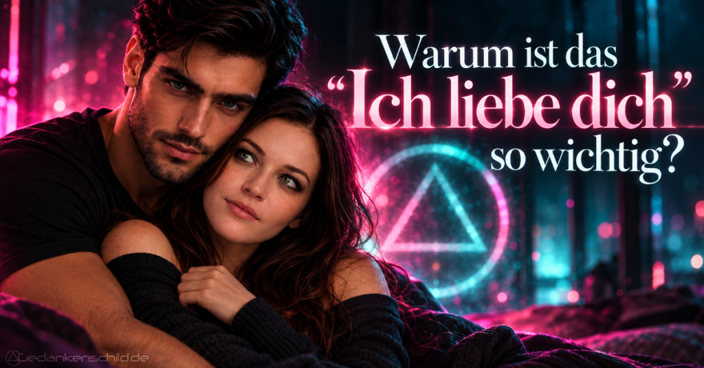 Ein eng umschlungenes Paar vor neonfarbenem Hintergrund mit dem Text: Warum ist das „Ich liebe dich“ so wichtig?