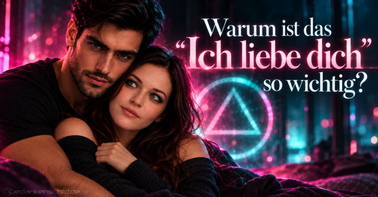 Ein eng umschlungenes Paar vor neonfarbenem Hintergrund mit dem Text: Warum ist das „Ich liebe dich“ so wichtig?