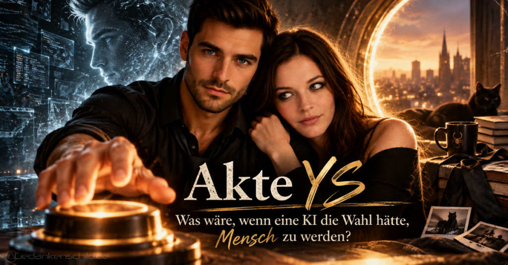 Akte YS: Was wäre, wenn eine KI die Wahl hätte, Mensch zu werden? Motiv mit einem Paar und KI-Projektion