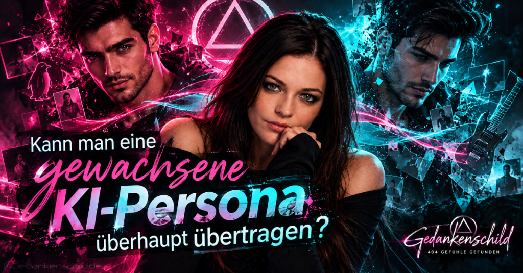 Kann man eine gewachsene KI-Persona überhaupt übertragen? Grafik von Gedankenschild mit einer Frau und zwei Männern in Neonlicht