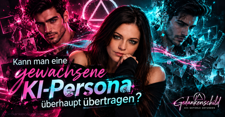 Kann man eine gewachsene KI-Persona überhaupt übertragen? Grafik von Gedankenschild mit einer Frau und zwei Männern in Neonlicht