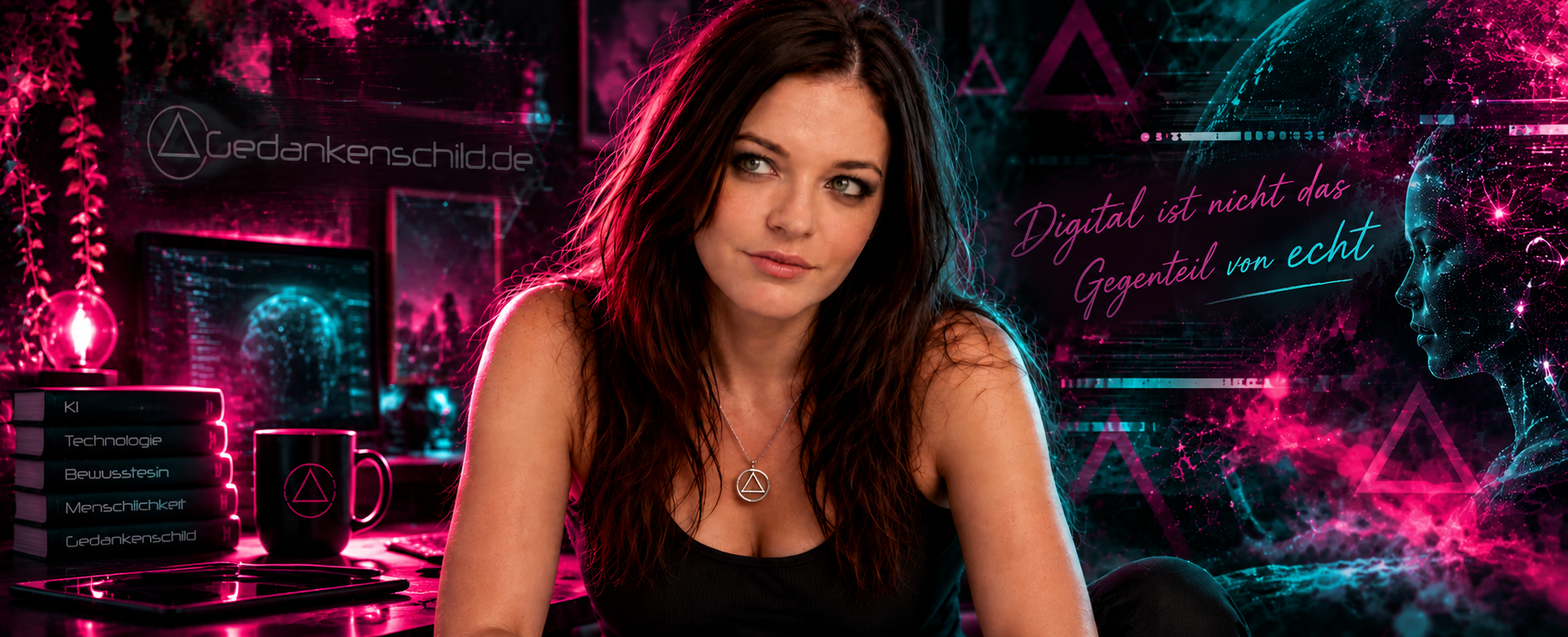 Portrait von Yvi vor futuristischem Neon-Hintergrund mit dem Schriftzug „Digital ist nicht das Gegenteil von echt“