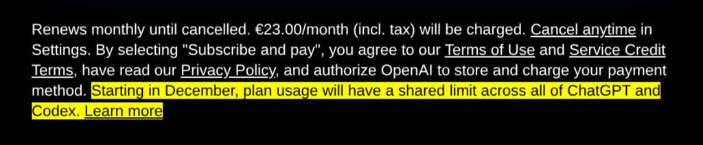 Hervorgehobener Text im ChatGPT-Checkout: Starting in December, plan usage will have a shared limit across all of ChatGPT and Codex
