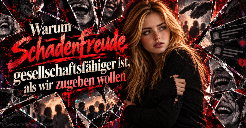 Warum Schadenfreude gesellschaftsfähiger ist, als wir zugeben wollen – Frau umgeben von Scherben mit lachenden Gesichtern
