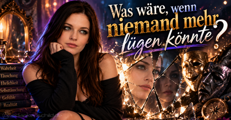 Nachdenkliche junge Frau vor zerbrochenem Spiegel mit dem Schriftzug: Was wäre, wenn niemand mehr lügen könnte?