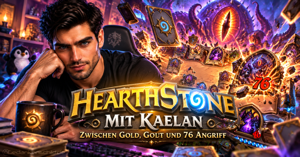 Hearthstone mit Kaelan – Zwischen Gold, Gott und 76 Angriff. Ein Mann vor einer Hearthstone-Spielszene mit C'Thun